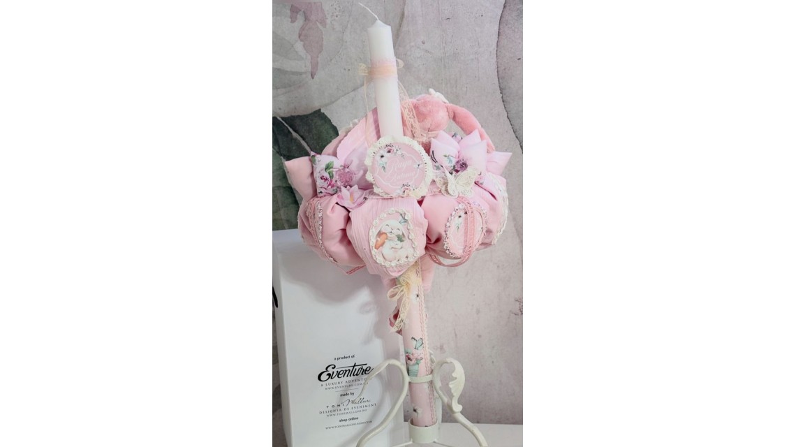 Lumanare de botez cu iepuras roz si pattern floral Happy Bunny 12